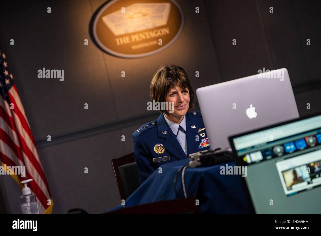 The Chief Technology and Innovation Officer for the U.S. Space Force, Maj. Gen. Kimberly A. Crider, delivers remarks virtually to the Potomac Officer’s Club 5G Summit, the Pentagon, Washington, D.C., Jan. 7, 2021. Stock Photo