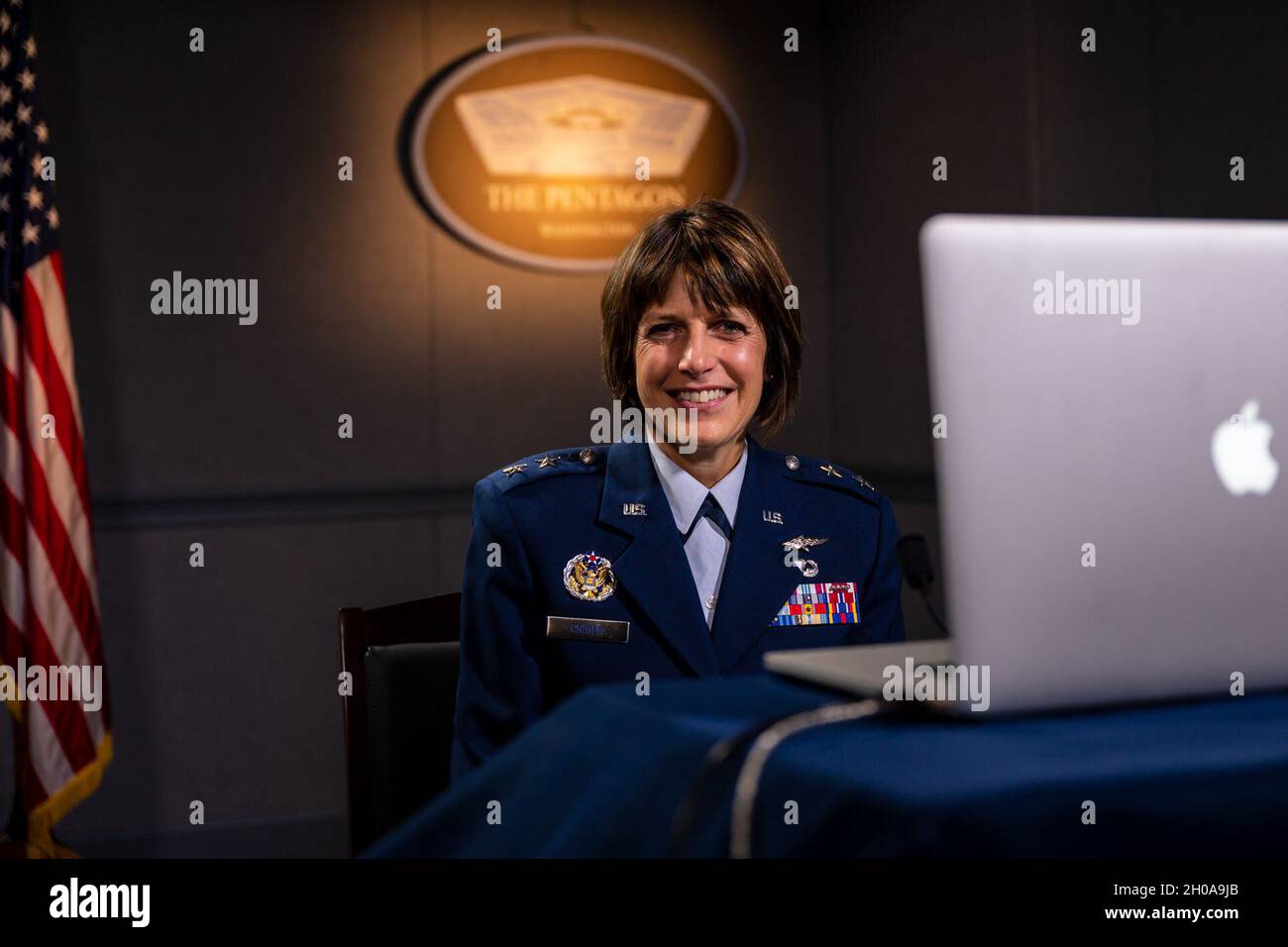 The Chief Technology and Innovation Officer for the U.S. Space Force, Maj. Gen. Kimberly A. Crider, delivers remarks virtually to the Potomac Officer’s Club 5G Summit, the Pentagon, Washington, D.C., Jan. 7, 2021. Stock Photo