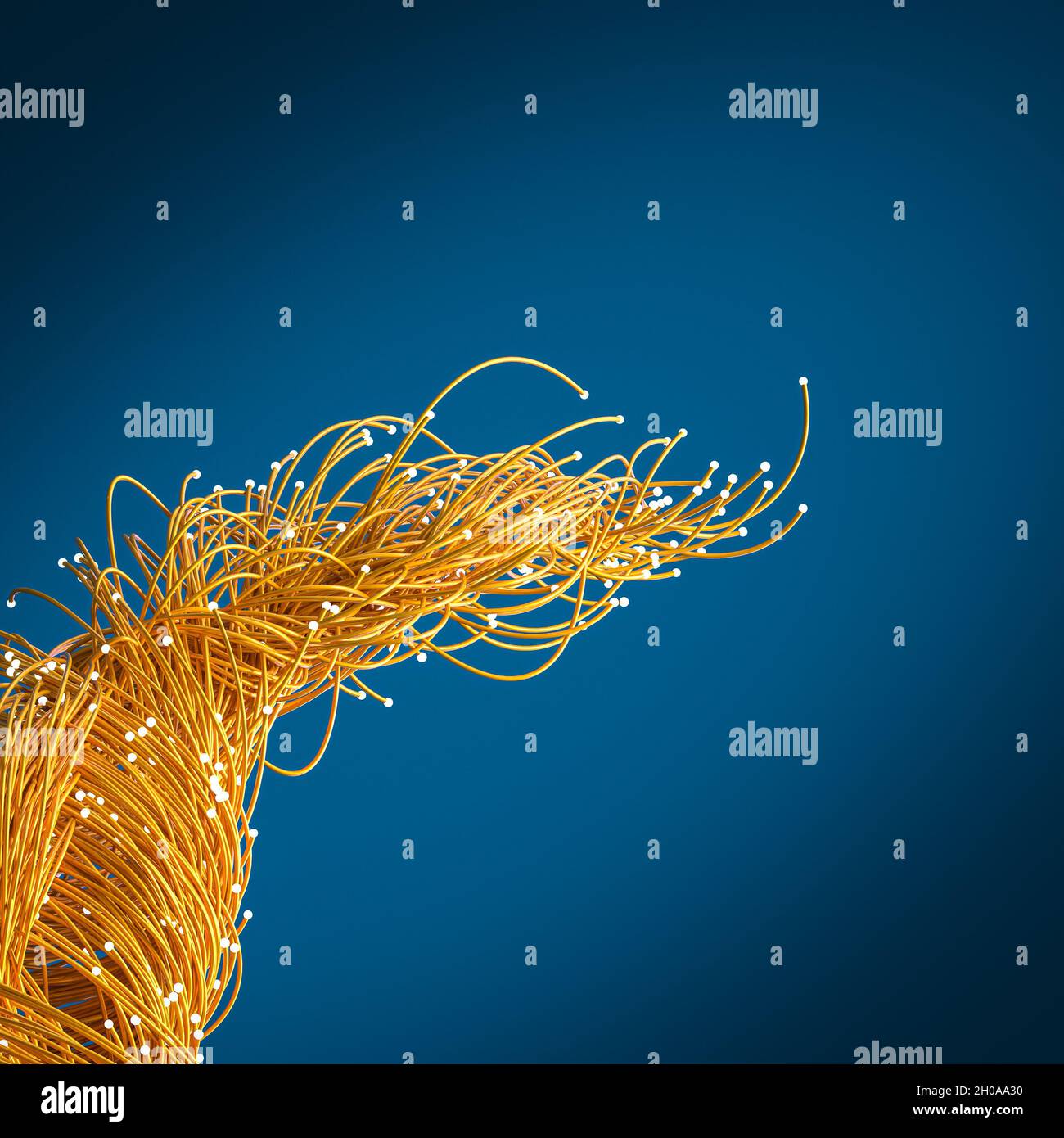 yellow optical fiber twisting on blue background. telecommunication concept. 3d render Stock Photo