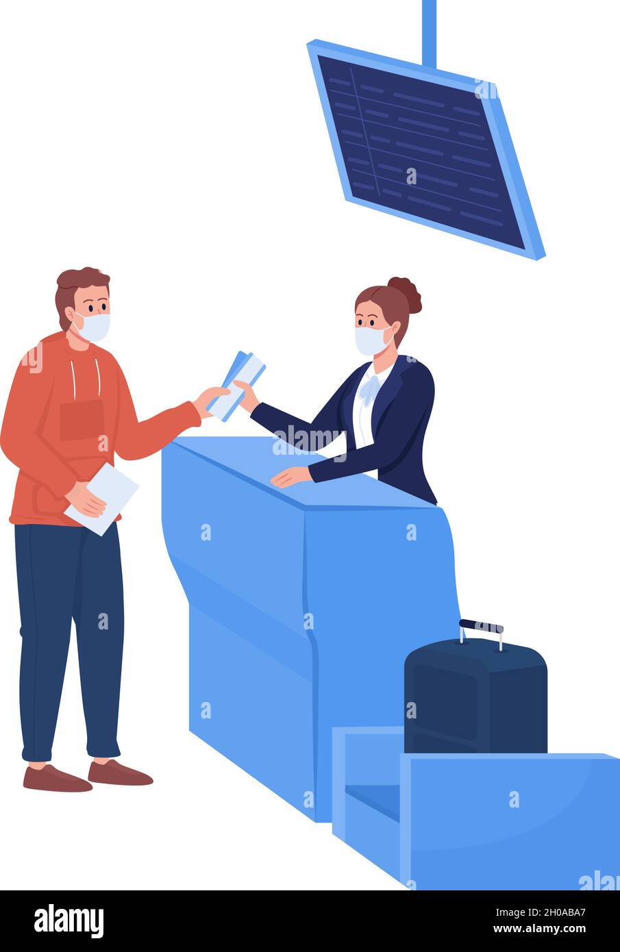Passport control semi flat color vector characters Stock Vector