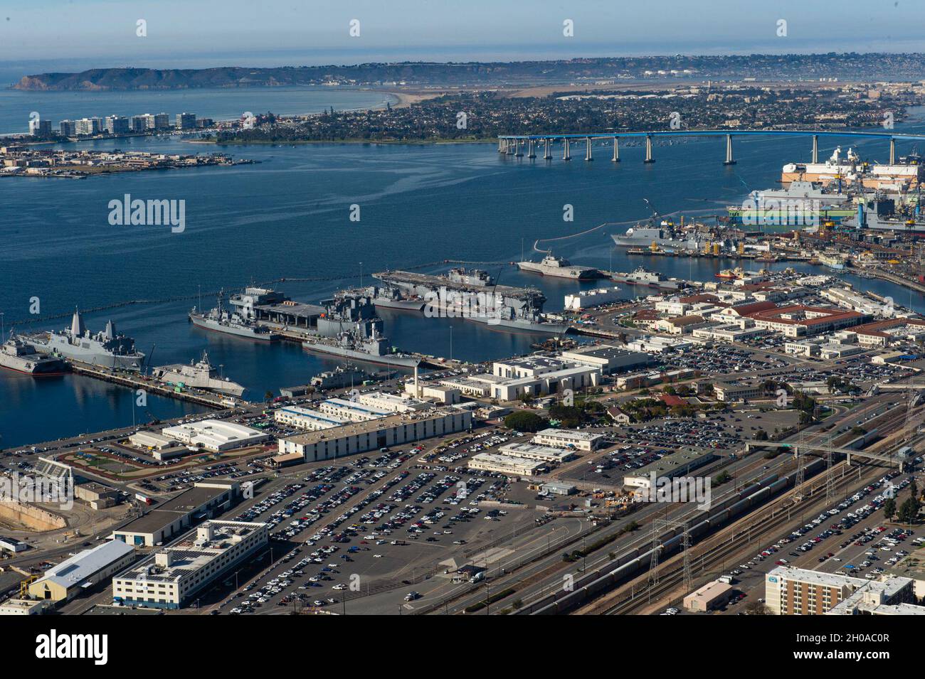 210107-N-MJ716-0140  SAN DIEGO (Jan. 7, 2021) An aerial photo of Naval Base San Diego in San Diego, CA. The photo was taken from a U.S. Navy MH-60S Seahawk assigned to the Helicopter Sea Combat Squadron 14 (HSC-14). Stock Photo