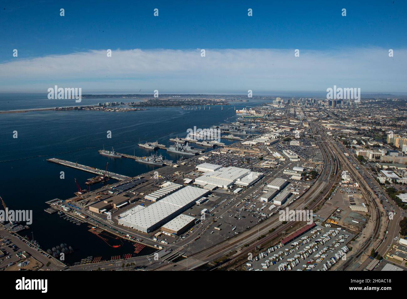 210107-N-MJ716-0144 SAN DIEGO (Jan. 7, 2021) An aerial photo of Naval Base San Diego in San Diego, CA. The photo was taken from a U.S. Navy MH-60S Seahawk assigned to the Helicopter Sea Combat Squadron 14 (HSC-14). Stock Photo