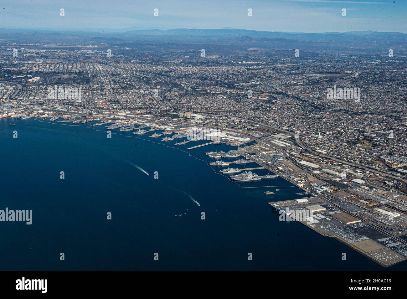 210107-N-MJ716-0338 SAN DIEGO (Jan. 7, 2021) An aerial photo of Naval Base San Diego in San Diego, CA. The photo was taken from a U.S. Navy MH-60S Seahawk assigned to the Helicopter Sea Combat Squadron 14 (HSC-14). Stock Photo