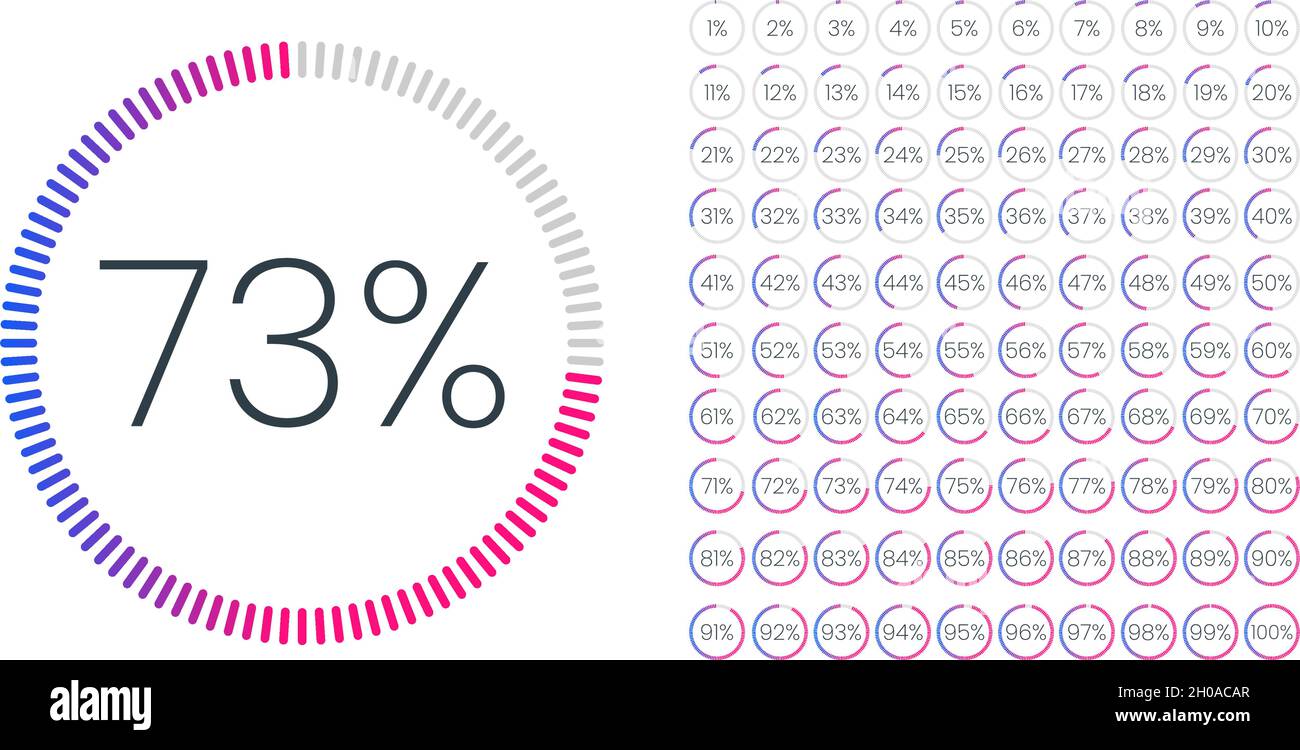 Set of Performance Indicators Percentage Circle from 0 to 100. Circle diagrams meter for web design. Pie Chart with Percentage Values for UX, user int Stock Vector