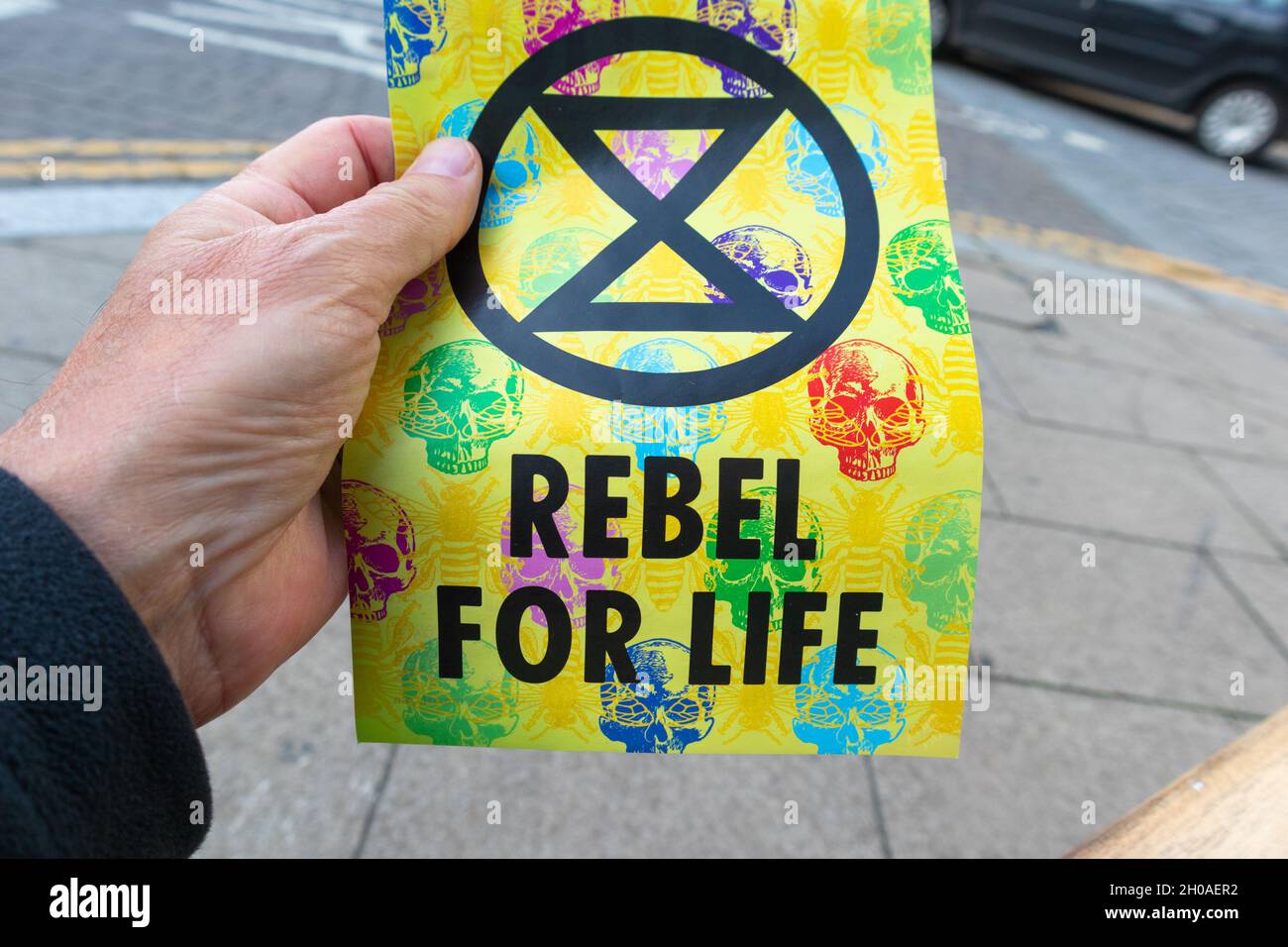 Rebel for life flyer, xr extinction rebellion propaganda, uk Stock Photo