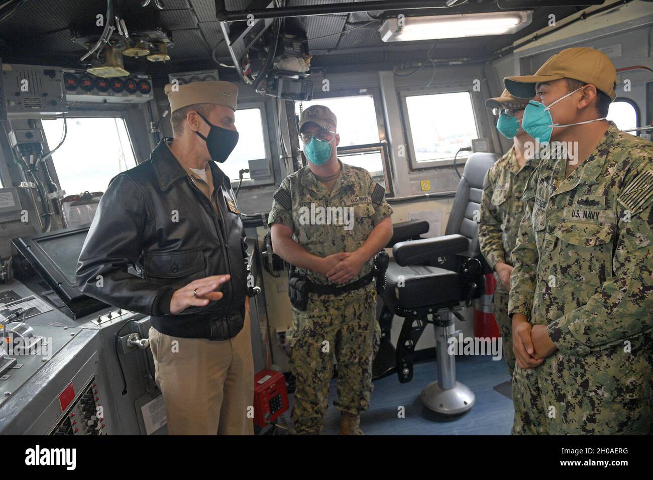 210108-N-AW702-001  MAYPORT, Fla. (January 8, 2021) – Rear Adm. Donald Gabrielson, Commander, U.S. Naval Forces Southern Command/U.S. 4th Fleet meets with Sailors during a visit to the Cyclone-class patrol ship USS Tornado (PC 14), Jan. 8, 2021.  U.S. Naval Forces Southern Command/U.S. 4th Fleet supports USSOUTHCOM joint and combined military operations by employing maritime forces in cooperative maritime security operations in order to maintain access, enhance interoperability and build enduring partnerships that foster regional security and promote peace, stability and prosperity in the in t Stock Photo