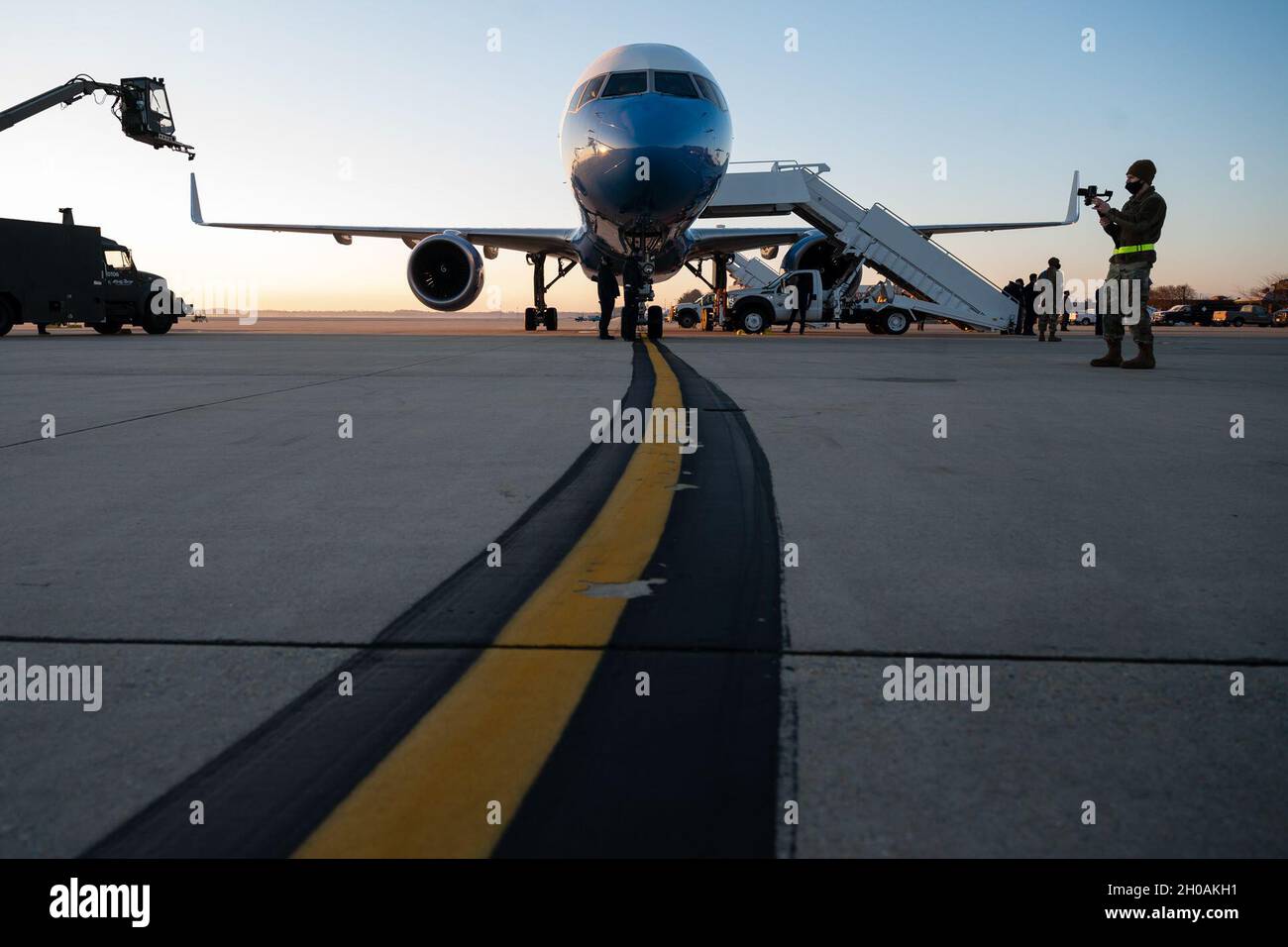 The government plane for Acting Defense Secretary Chris Miller is seen at Joint Base Andrews, Md., before a flight to Knoxville, Tenn., Jan. 12, 2021. Stock Photo