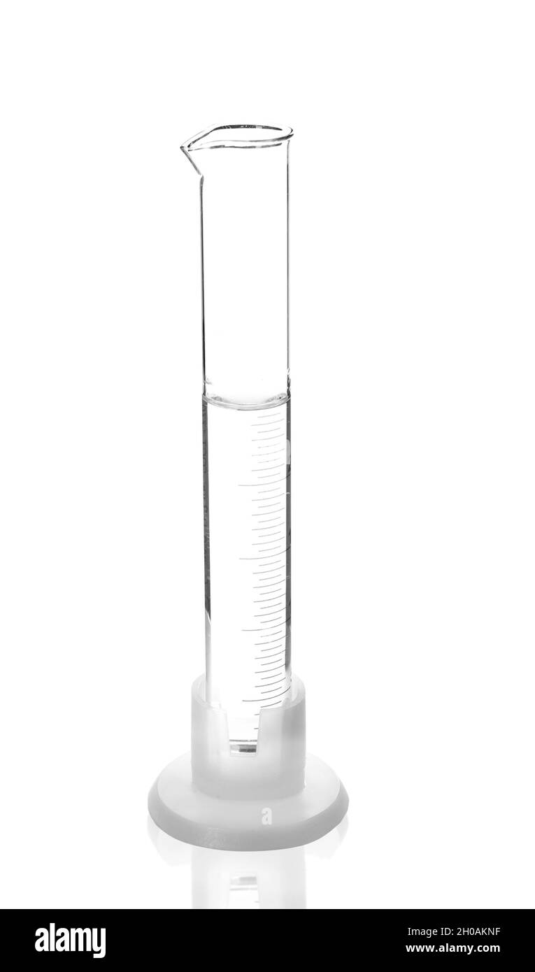 Graduated cylinder with liquid on white background. Laboratory analysis
