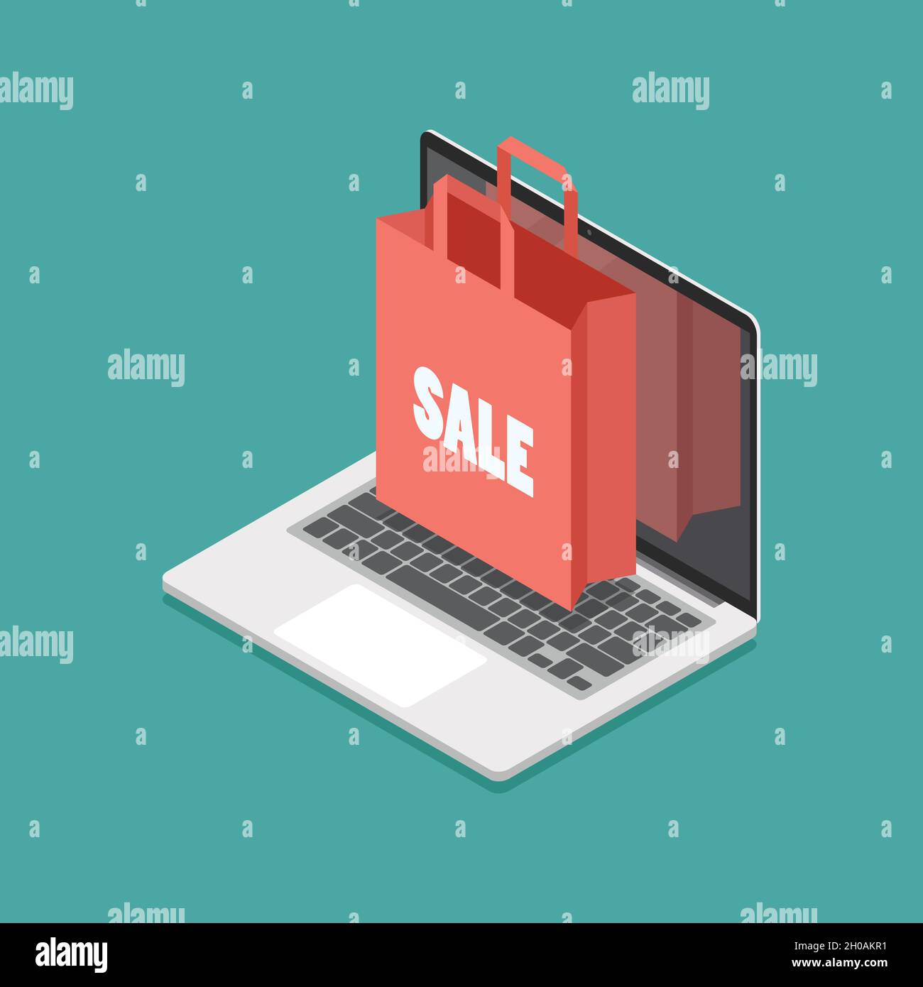 Shopping bag on laptop screen isometric view. Vector illustration Stock ...