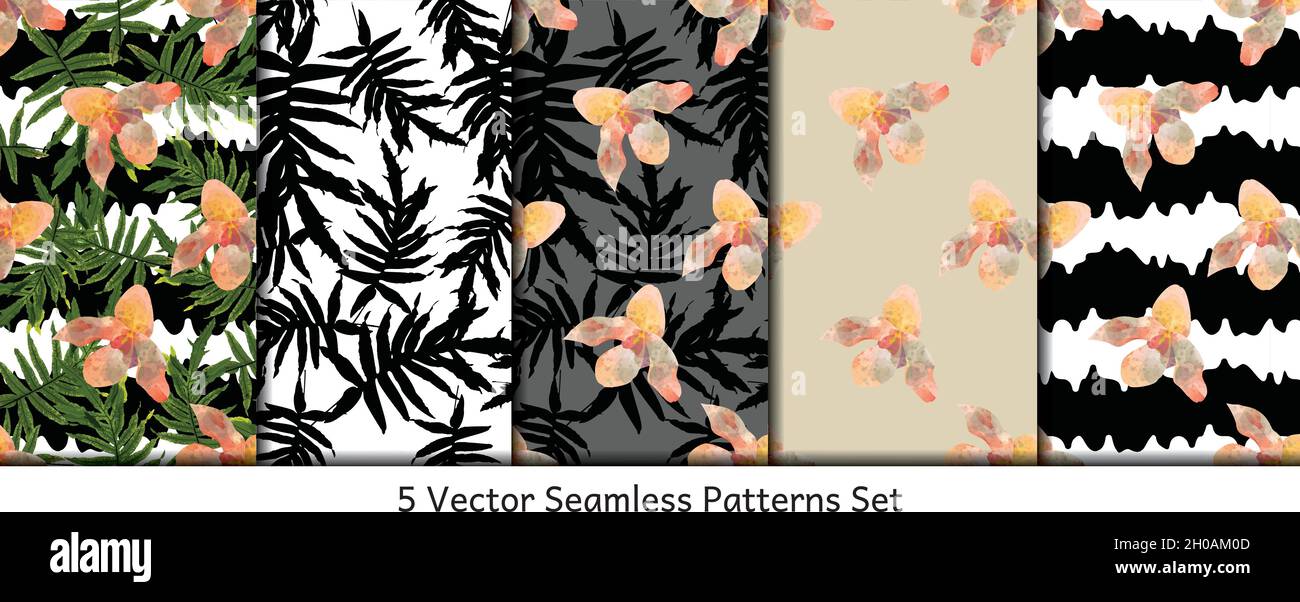 Set of 5 seamless patterns with hand drawn orchid flowers Stock Vector ...