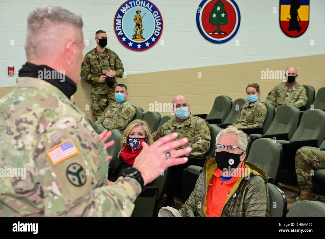 Acting Secretary of Defense Christopher C. Miller and Sen. Marsha Blackburn listen to a briefing at the Volunteer Training Site in Smyrna, TN on Jan., 12, 2021. Miller's visit was to learn more about the accomplishments and high operations tempo the Tennessee National Guard sustained throughout 2020. (Air Stock Photo