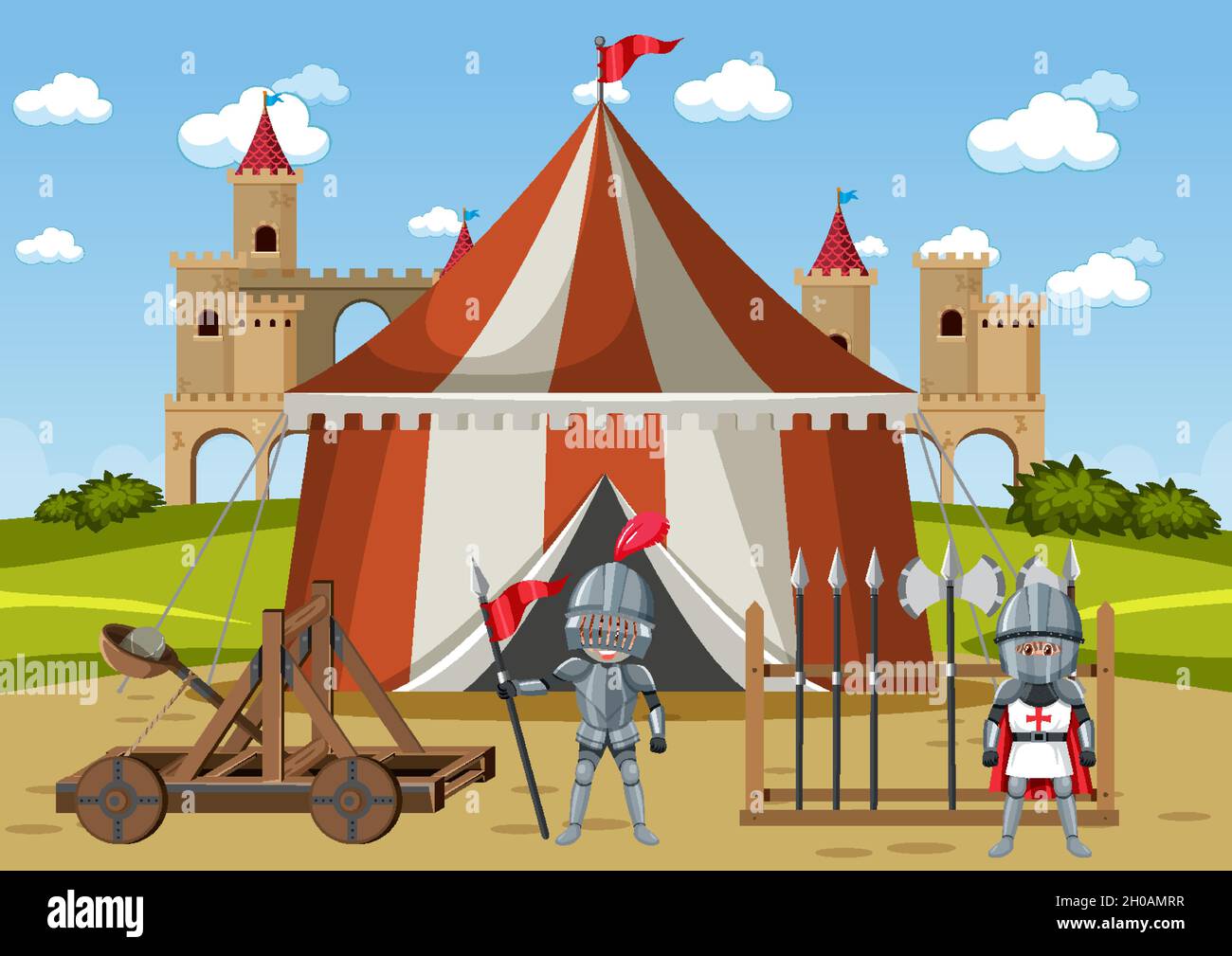 Military medieval camp with tents and weapons illustration Stock Vector ...