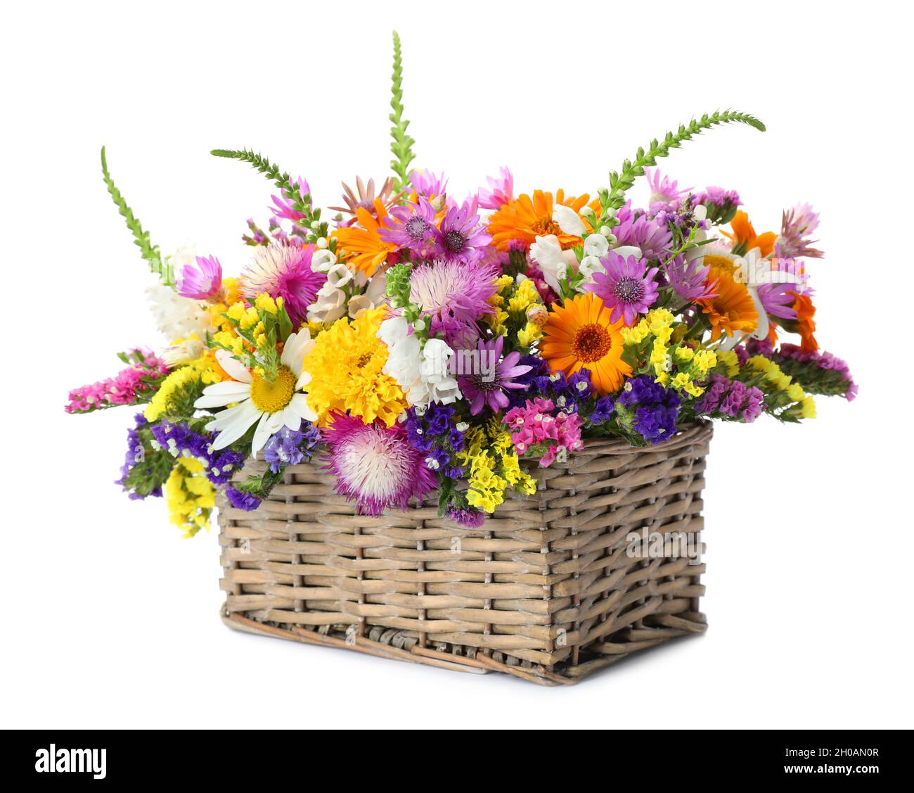Wicker basket with beautiful wild flowers on white background Stock ...
