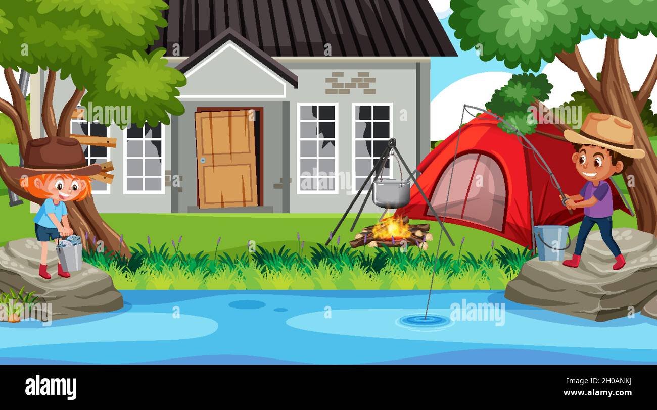 Children camping in the wood illustration Stock Vector Image & Art - Alamy