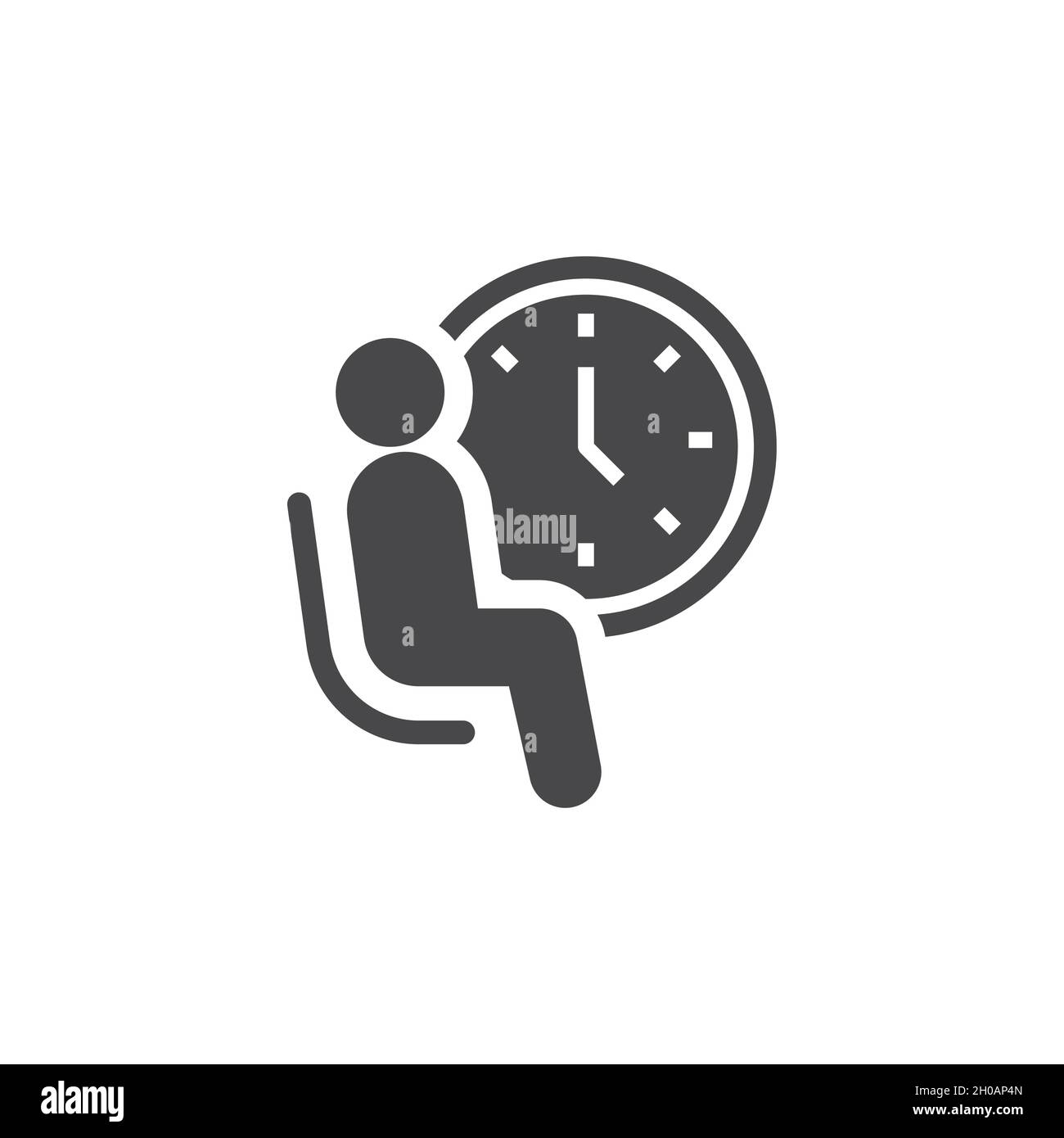 Waiting room black vector icon. Person waiting in chair and clock symbol. Stock Vector