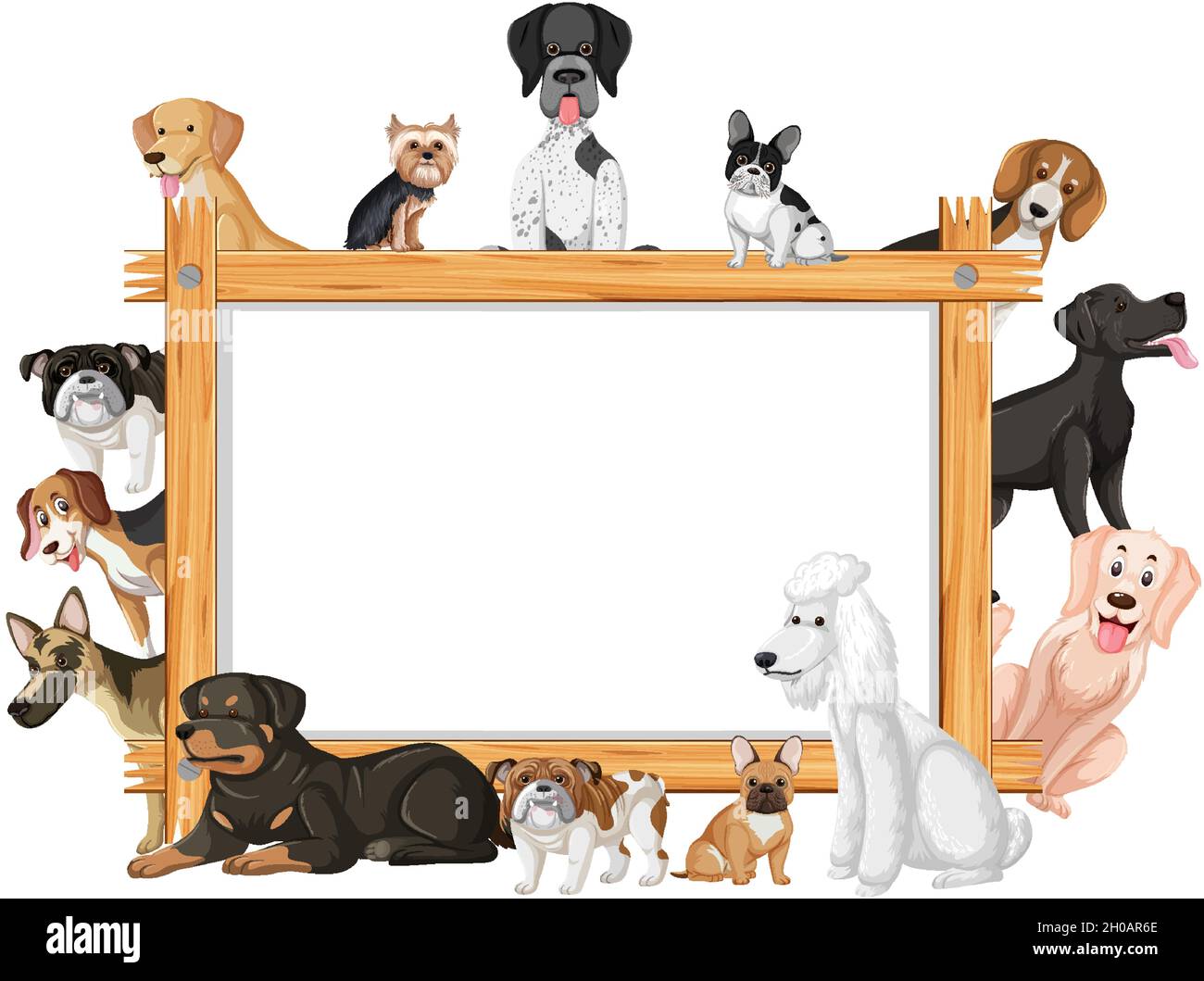 Empty wooden frame with various breeds of dogs illustration Stock Vector