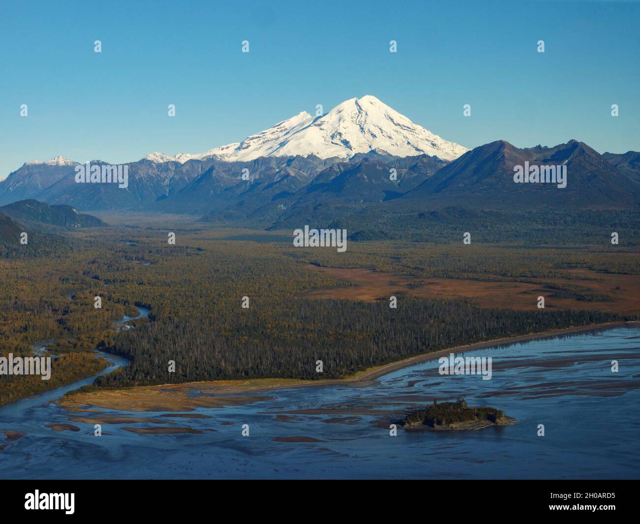 Aerial view of Mount Iliamna (or Iliamna Volcano) and Chisik Island