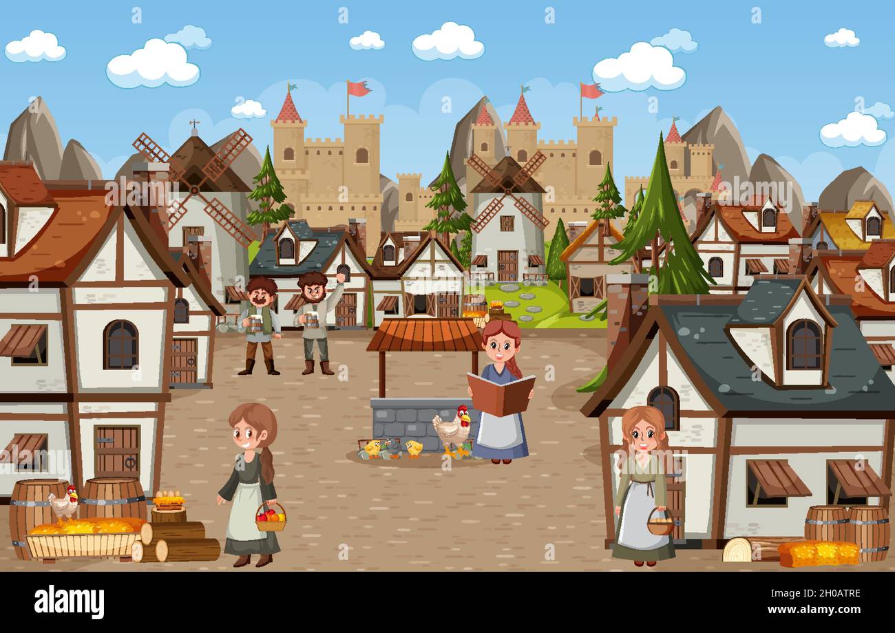 Medieval town scene with villagers illustration Stock Vector Image ...