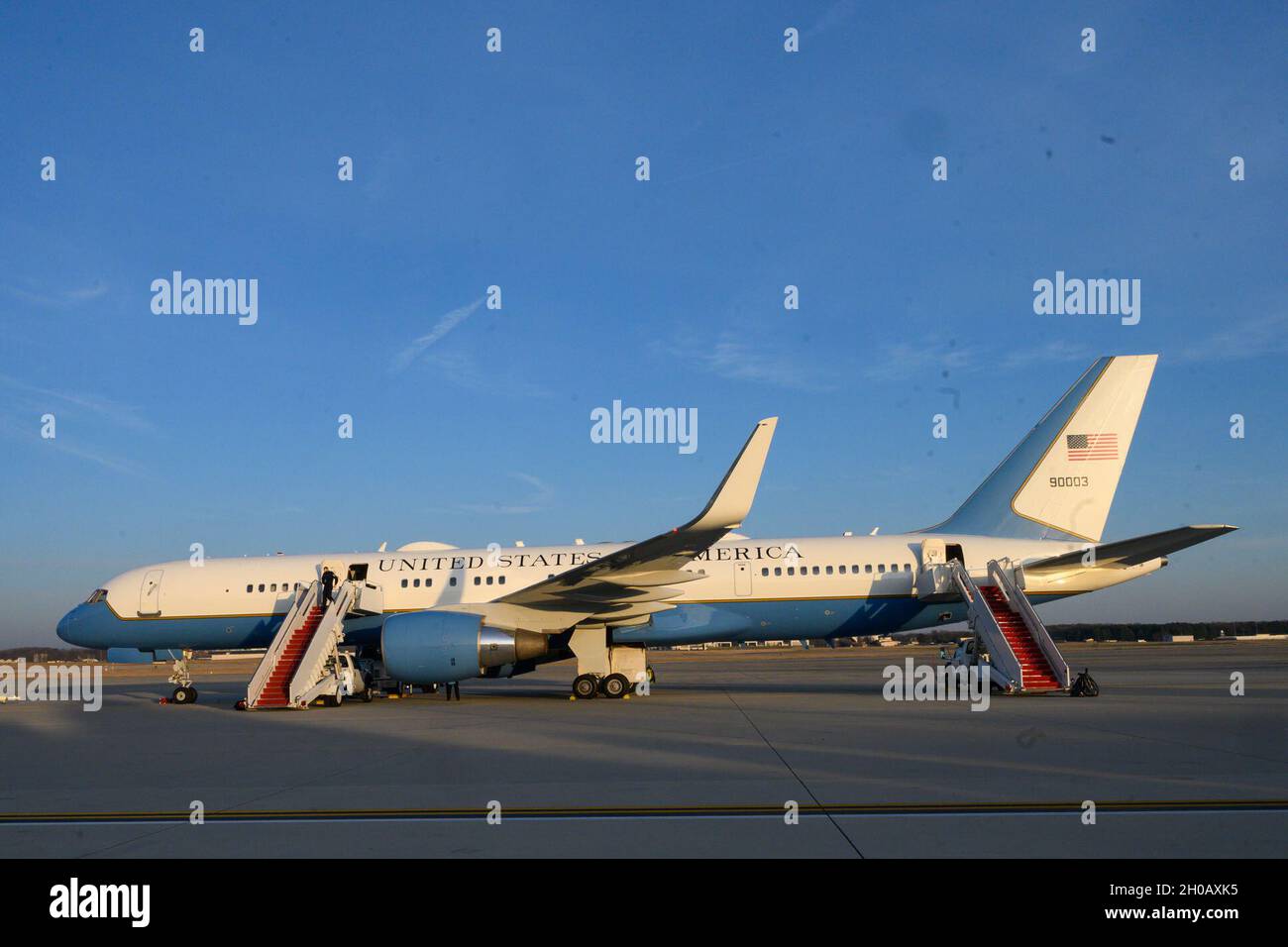 The government aircraft for a trip of Acting Defense Secretary Chris Miller is seen upon arrvial at Joint Base Andrews, Md., Jan. 14, 2021. Stock Photo