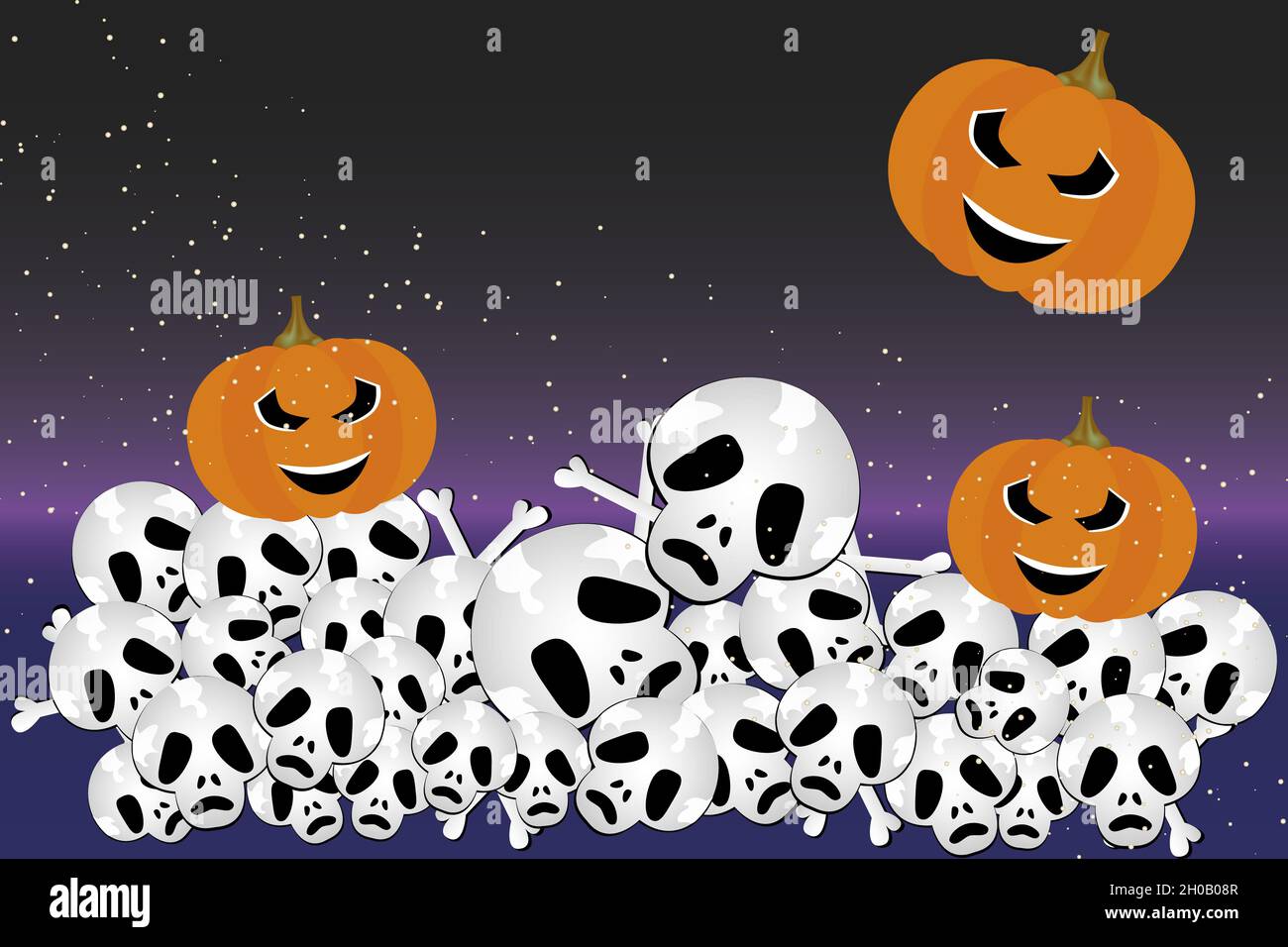 The night of halloween horror - illustration with skulls, bones and pumpkins, every element is isolated useable Stock Photo