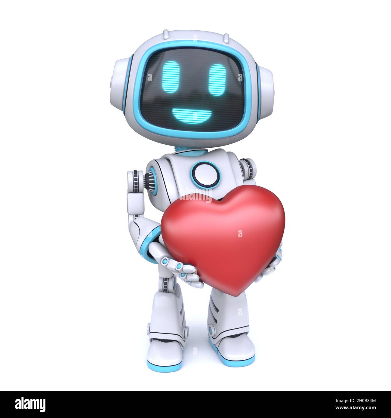Cute blue robot holding red heart 3D rendering illustration isolated on white background Stock