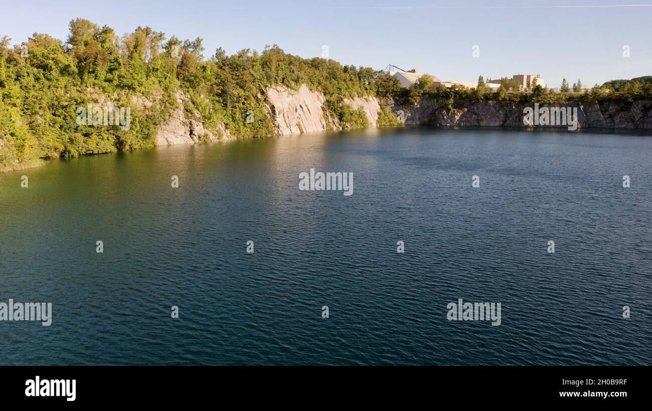 Aerial view of an abandoned quarry in Verplanck Hamlet in New York