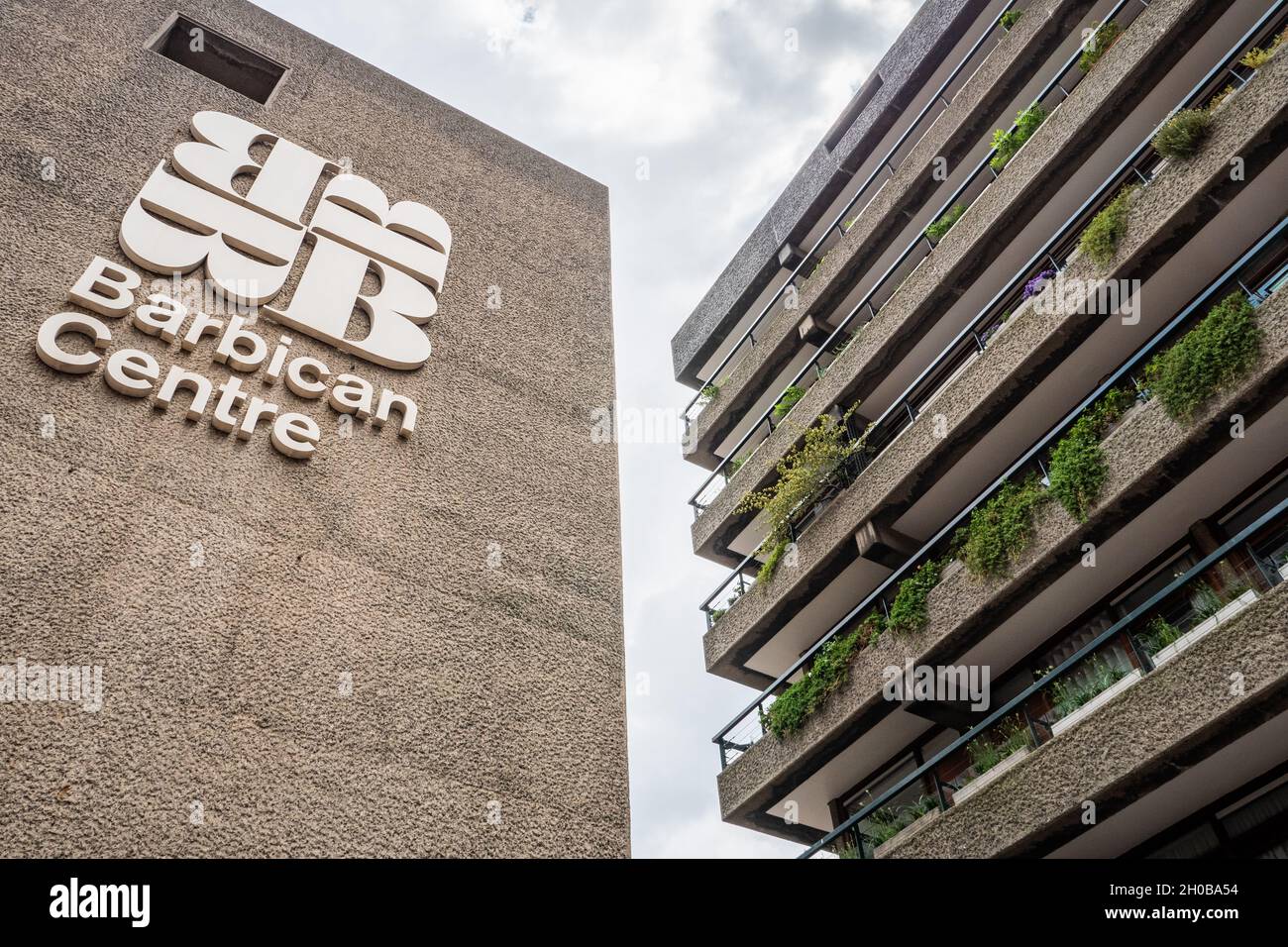 The Barbican Centre, London. The iconic brutalist concrete architecture of the inner city estate and eminent performing arts centre. Stock Photo