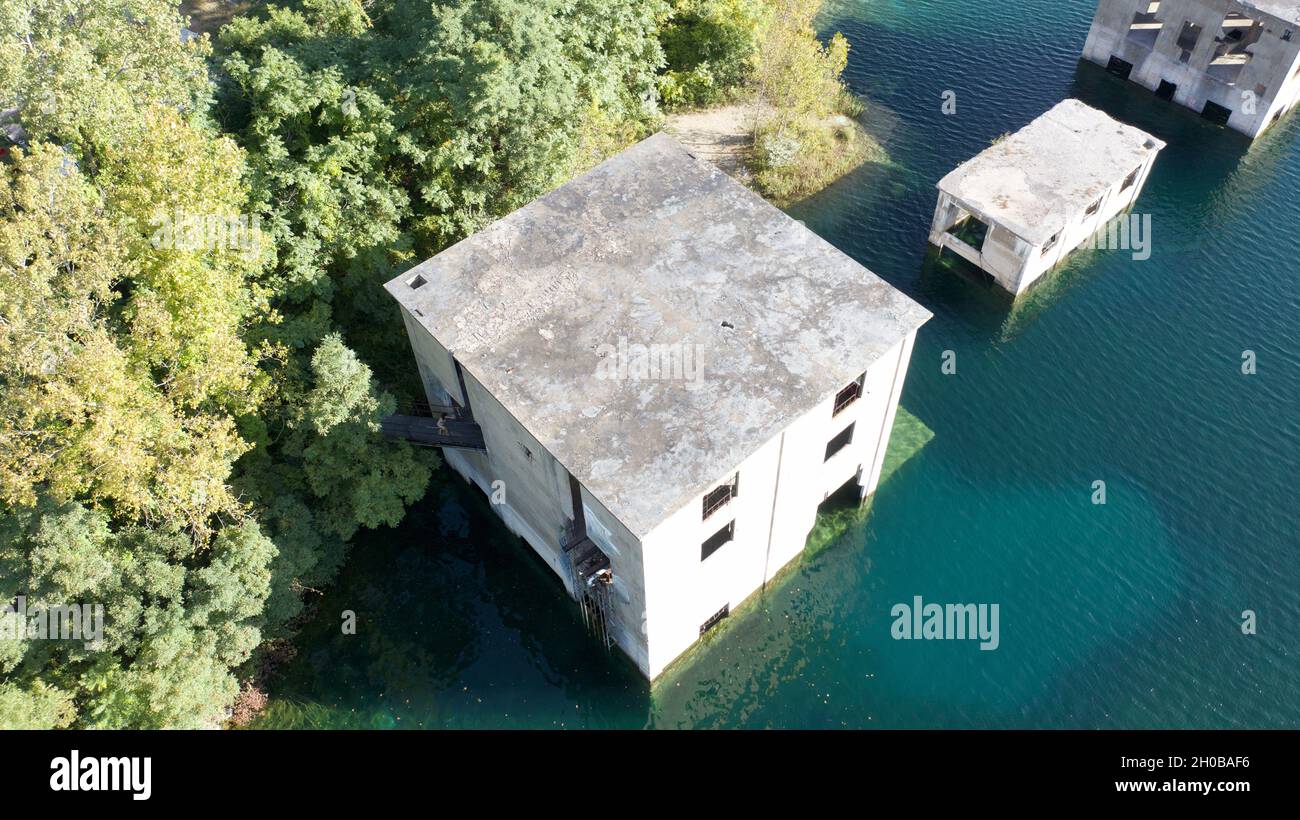 Aerial view of an abandoned quarry in Verplanck Hamlet in New York