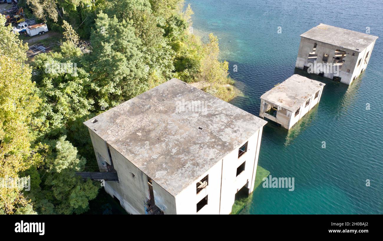 Aerial view of an abandoned quarry in Verplanck Hamlet in New York