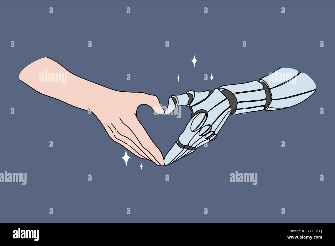 Touching human and robotic hands. Vector concept illustration of future ...