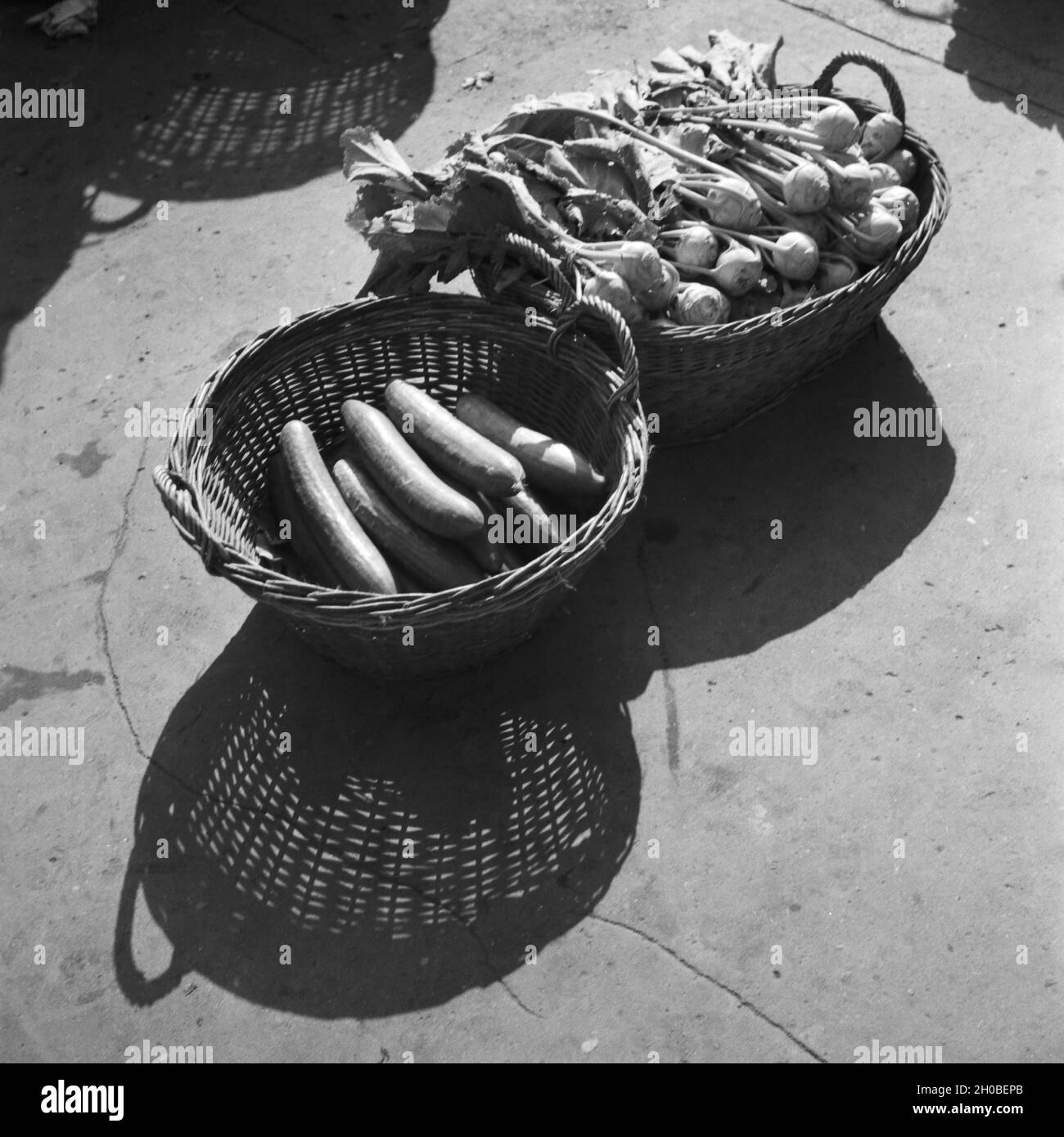 Gurken und Kohlrabi an einem Gemüsestand auf dem Markt in Stuttgart, Deutschland 1930er Jahre. Cucumbers and kohlrabi of a vegetables booth at the main market of Stuttgart, Germany 1930s. Stock Photo