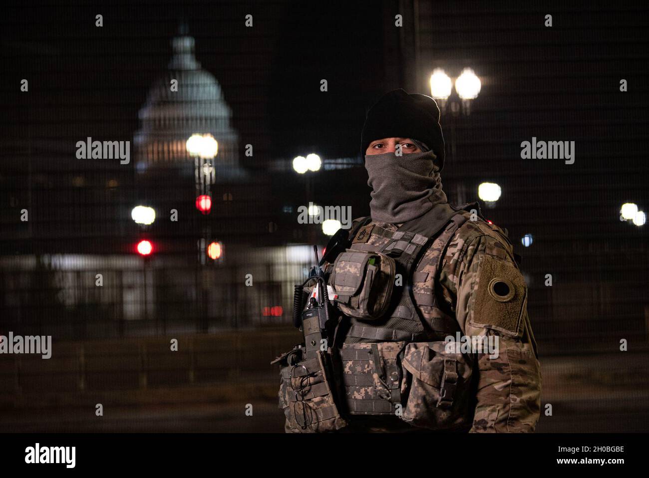 U.S. Army Sgt. 1st Class Dale Curles assigned to 2nd Squadron, 107th  Cavalry Regiment, Ohio National Guard, poses for a photo near the U.S.  Capitol building on Jan. 18, 2021. At least, image size:1300x958