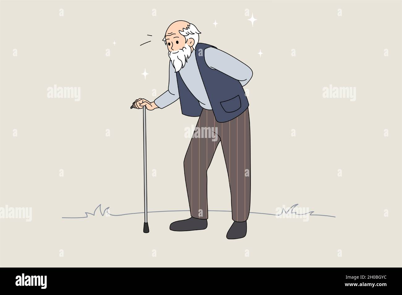 Hand drawn vector illustration of senior man with walking stick. Senior ...