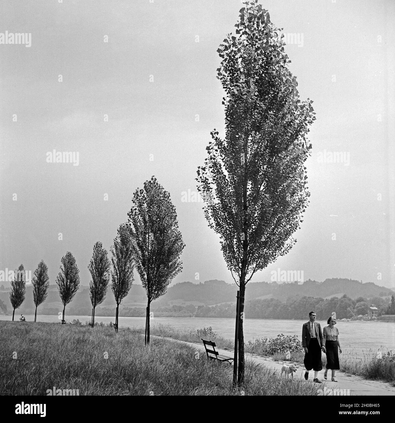 Ein junges Paar spaziert am Ufer der Donau bei Passau entlang, Deutschland 1930er Jahre. A young couple strolling on the sore of river Danube near Passau, Germany 1930s. Stock Photo