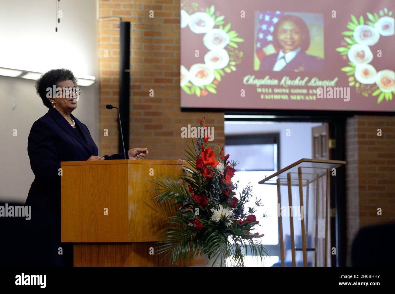 Minister Vanetta Bellows speaks during a memorial service for Lt. Col. Rachel David, former chaplain with the 88th Air Base Wing, at the Prairies Chapel on Jan. 19, 2021 at Wright-Patterson Air Force Base, Ohio. David served in the United States Air Force for more than 30 years, most recently as the agency chief for the chapel at Barksdale AFB. Stock Photo