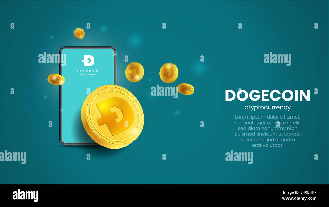 Dogecoin concept is a cryptocurrency trade digital financial transaction created by Elon Musk. The illustration has a dogecoin internet banking app. Stock Vector