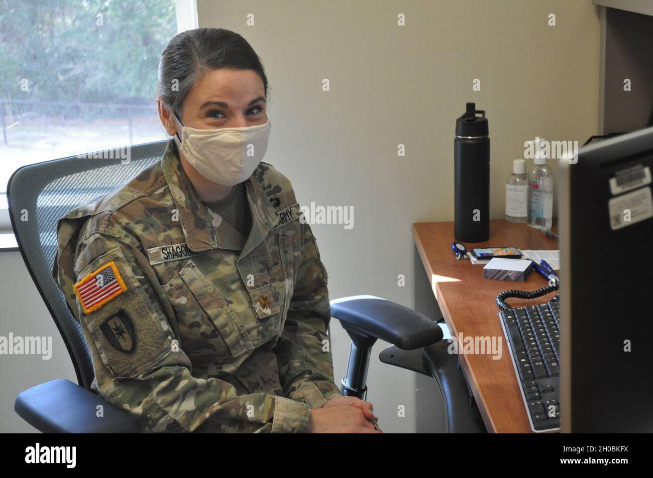 Public Health Nurse Maj. Ariel Shagory works on COVID-19 contact tracing and notification in her office in the Department of Preventive Medicine at Martin Army Community Hospital. Stock Photo