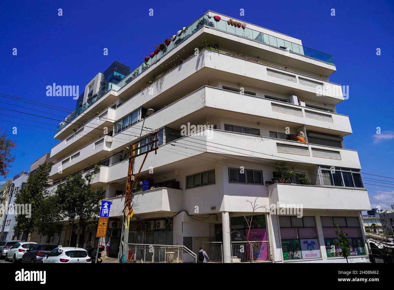 Bauhaus Architecture in Tel Aviv White City. at Rosh Pina corner of Ayelet Ha-Shakhar The White City refers to a collection of over 4,000 buildings bu Stock Photo