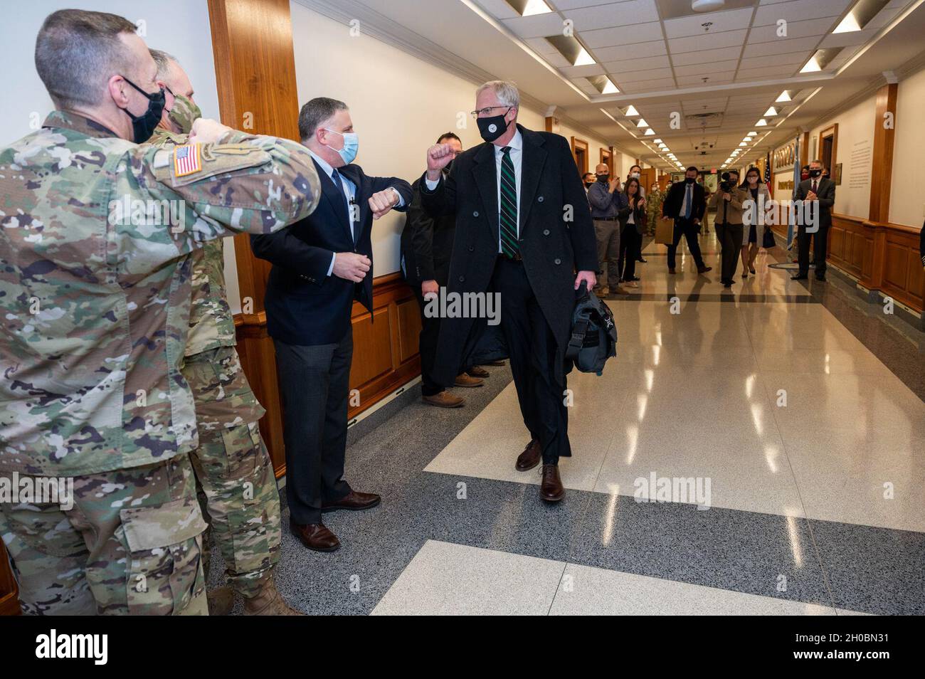 Outgoing Acting Defense Secretary Chris Miller greets staff as he departs the Pentagon during the administration transition, the Pentagon, Washington, D.C., Jan. 20, 2021. Stock Photo