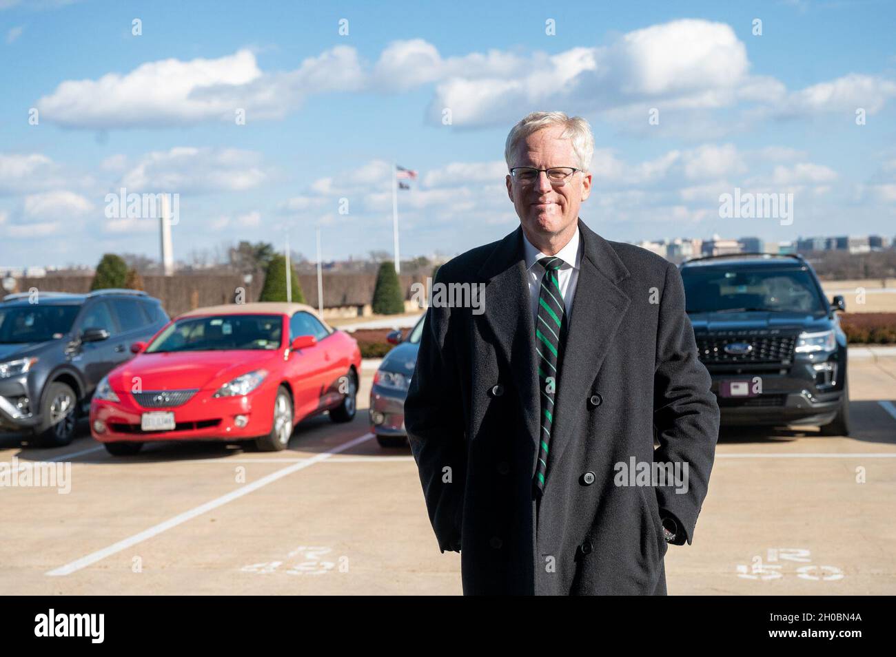 Outgoing Acting Defense Secretary Chris Miller poses for a photo as he departs the Pentagon during the administration transition, the Pentagon, Washington, D.C., Jan. 20, 2021. Stock Photo