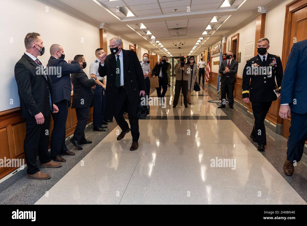 Outgoing Acting Defense Secretary Chris Miller greets staff as he departs the Pentagon during the administration transition, the Pentagon, Washington, D.C., Jan. 20, 2021. Stock Photo