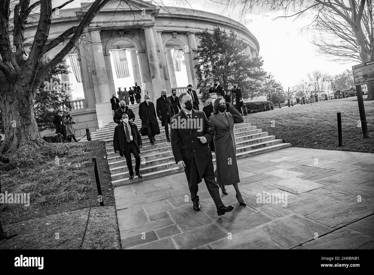 Vice President Kamala Harris, and Second Gentlemen Douglas Emhoff depart Arlington National Cemetery, January 20, 2020. President Joseph Biden, Jr. and Harris participated in a Presidential Armed Forces Full Honors Wreath-Laying Ceremony at the Tomb of the Unknown Soldier at Arlington National Cemetery. In attendance were former Presidents Barack H. Obama, George W. Bush, William J. Clinton, and former First Ladies Michelle Obama, Laura Bush, and former Secretary of State Hillary Clinton. The ceremony was hosted by U.S. Army Maj. Gen. Omar Jones IV, commanding general, Joint Task Force-Nationa Stock Photo