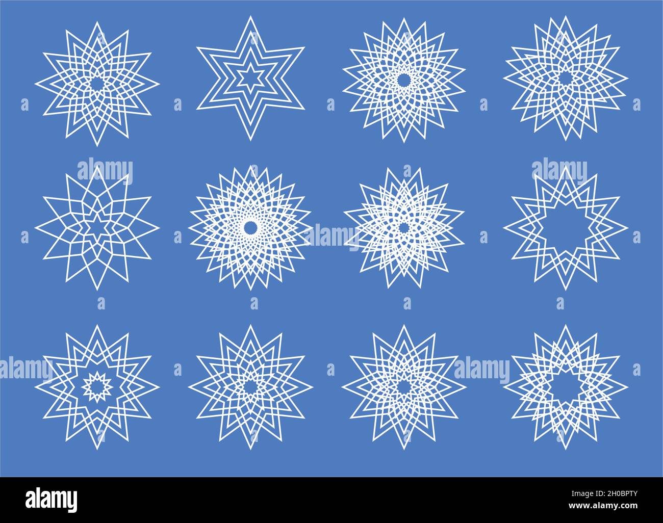 Symmetrical snowflake set. Vector illustration blue white outline Stock Vector