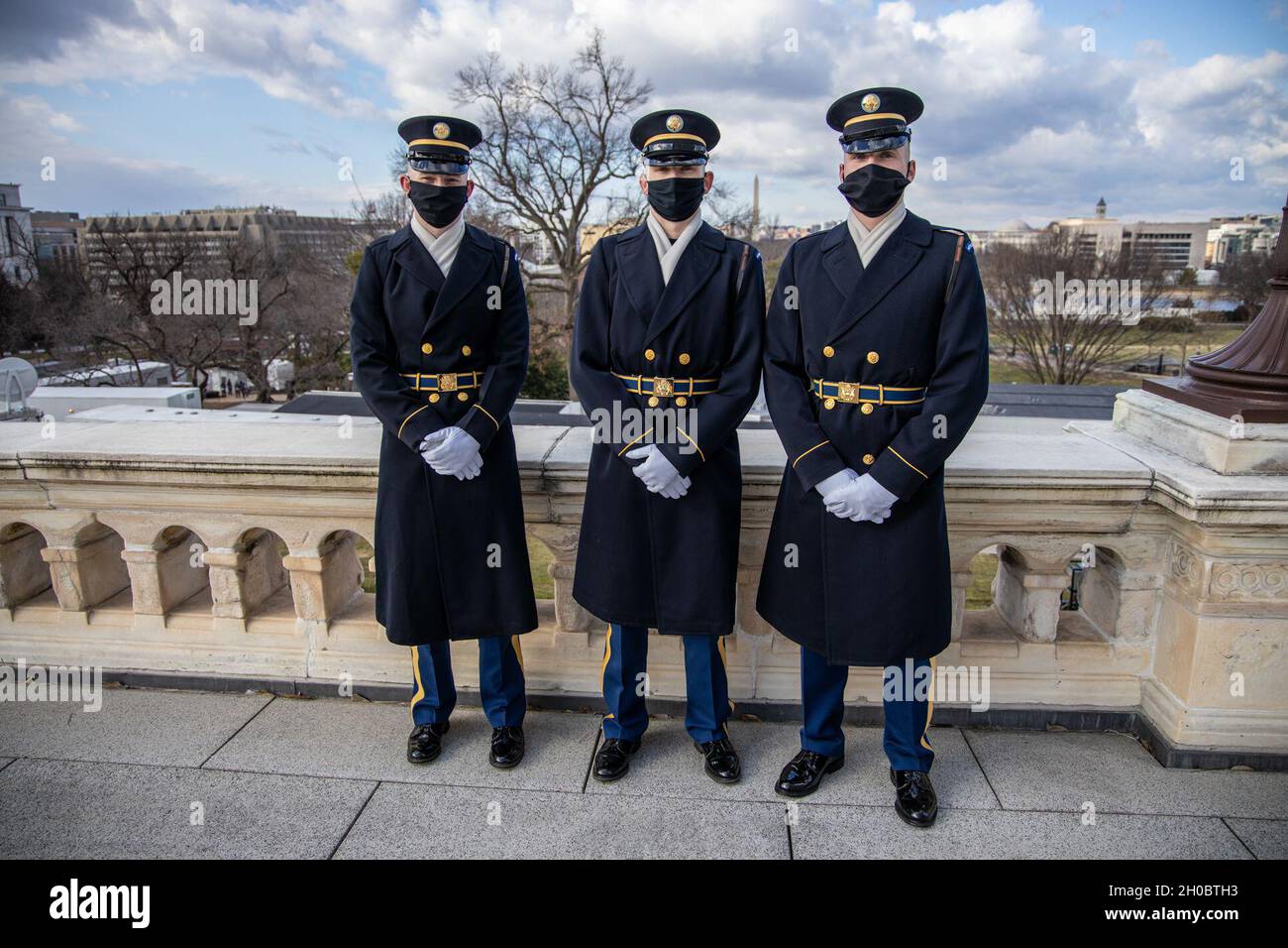 Soldiers of The 3d U.S. Infantry Regiment (The Old Guard) pose for a  picture during the 59th Presidential Inauguration in Washington, D.C., Jan.  20, 2021. Military members from across all branches of