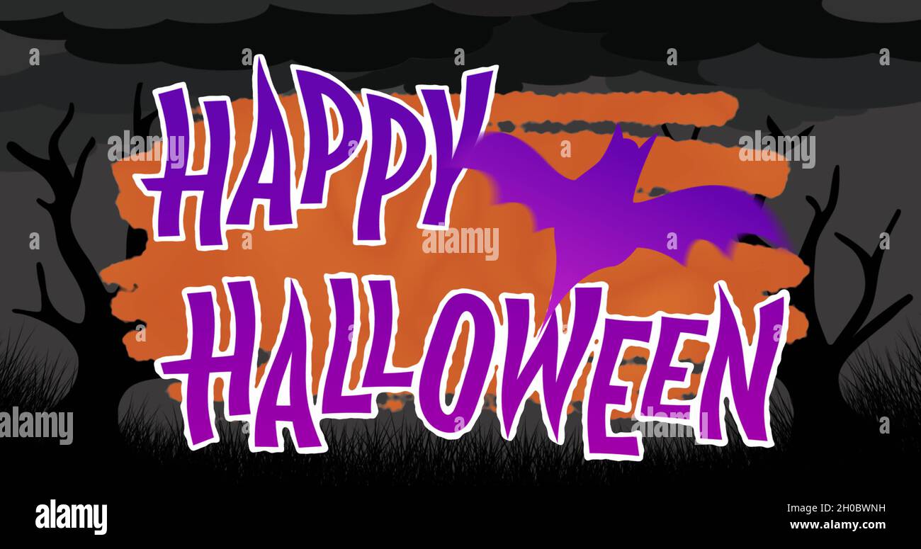 Image of halloween greetings and bat moving over orange and black background with trees Stock Photo