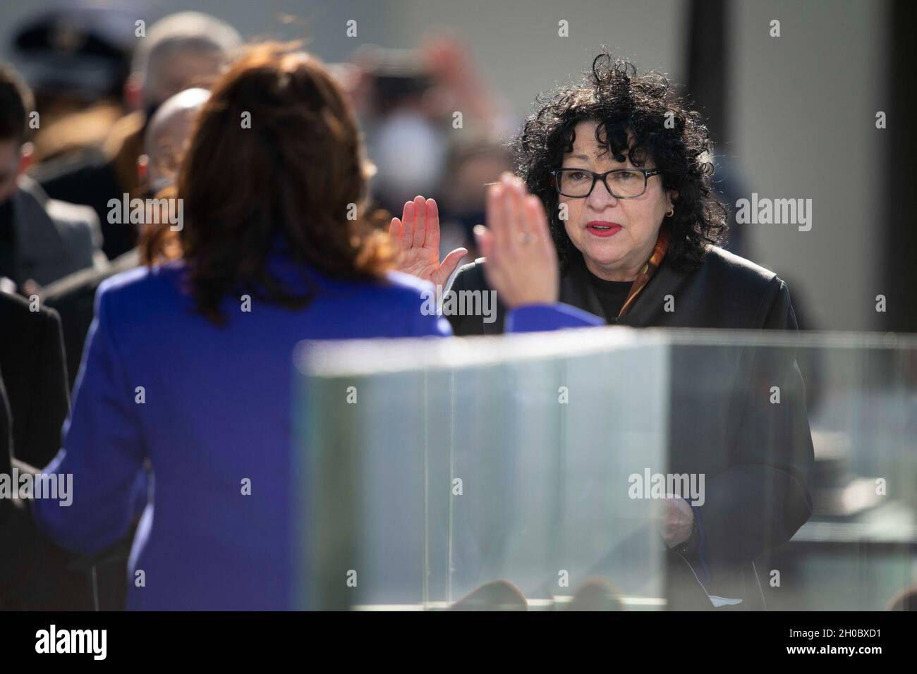 Supreme Court Justice Sonia Sotomayor swears in Vice President Kamala Harris into office during the 59th Presidential Inauguration ceremony in Washington, Jan. 20, 2021. President Joe Biden and Vice President Kamala Harris took the oath of office on the West Front of the U.S. Capitol. Stock Photo
