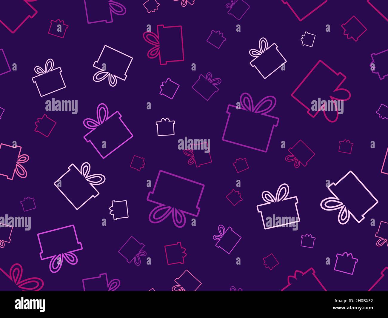 Outline gift boxes seamless pattern. Multicolored gifts with bows on a purple background. Design for wrapping paper, promotional materials, banners an Stock Vector