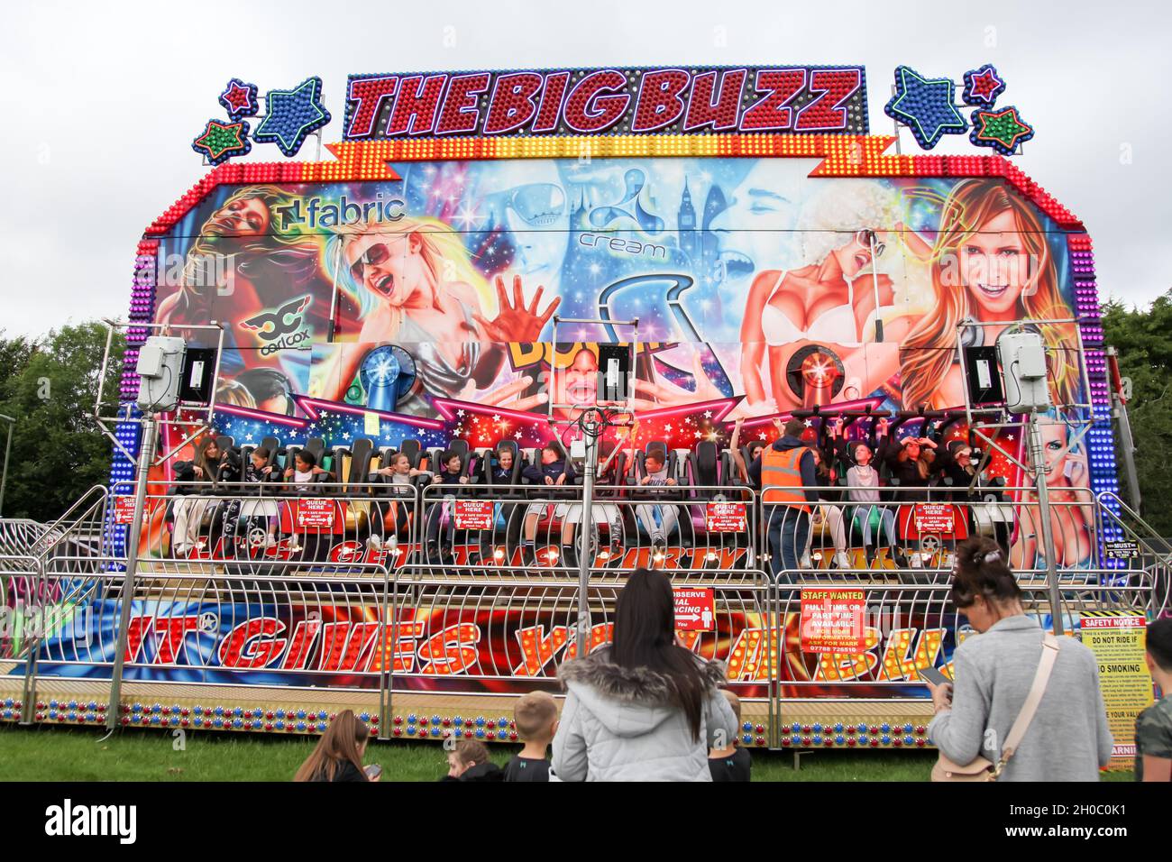 The Big Buzz fairground ride at Leatherhead Fun fair July 2021 Stock Photo