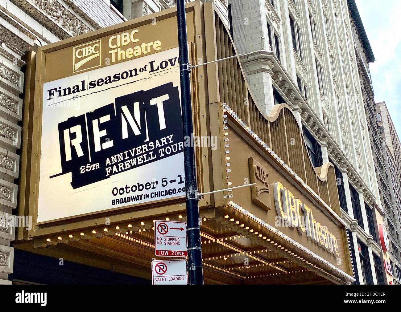 Marquee at the CIBC Theatre in Chicago announces the 25th Anniversary farewell tour of the Broadway musical Rent in October 2021. Stock Photo