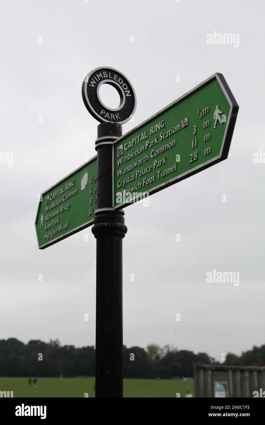 Wimbledon Park sign post against sky, Borough of Merton, London, September 2021 Stock Photo